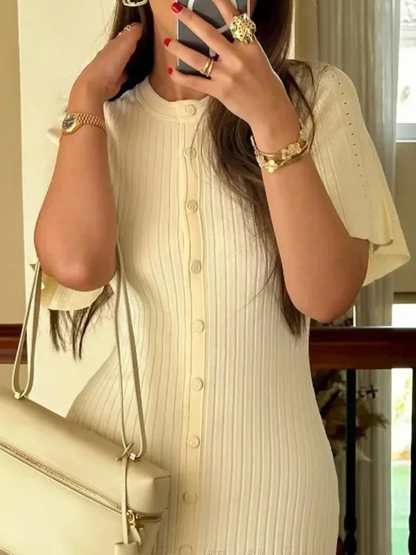 Solid Color Polo Collar Short Sleeve Maxi Dresses
