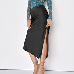 Damen Satinrock Sexy Asymmetrischer Hoher Taille Elastischer Maxirock Mode Einfarbig Elegant Party Damen Schlitzrock 