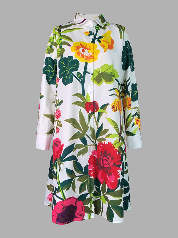 A-Line Long Sleeves Flower Print Pockets Split-Joint Lapel Midi Dresses