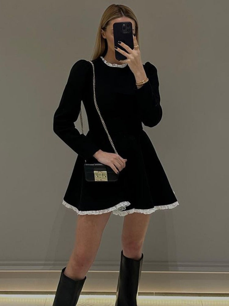 Splice Lace Mini Dress For Women High Waist Slim Elegant Dresses Femme Wedding Retro Temperament Dress Womens Clothes NewChristmas Gifts