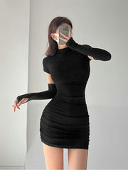 Women's Tight Hip Wrap Mini Dress with Sleeves Spicy Girls Slim Dresses Bodycon Party Clothing Sexy Summer