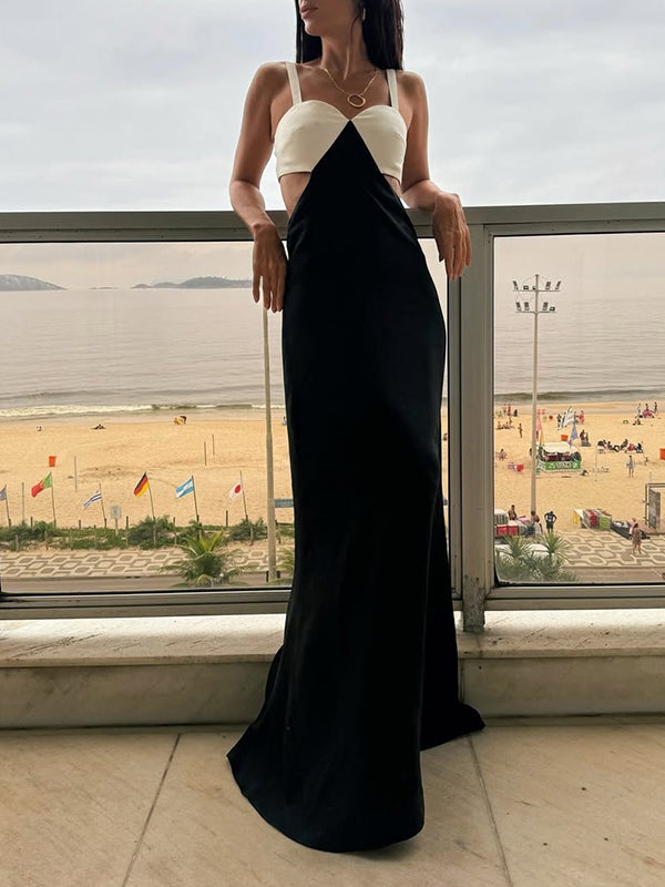Color-Block Splicing Sleevless Spaghetti-Neck Elegant Wrap Maxi Dresses