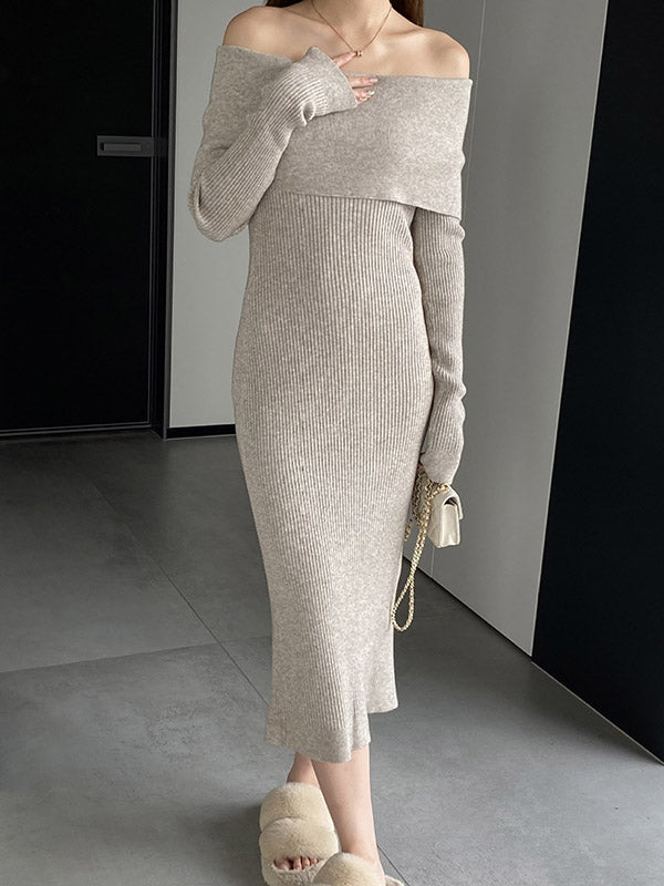 Solid Color Bodycon Long Sleeves Off-The-Shoulder Midi Dresses