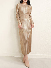 A-Line High Waisted Bronzing Pleated Shiny Solid Color Round-Neck Midi Dresses