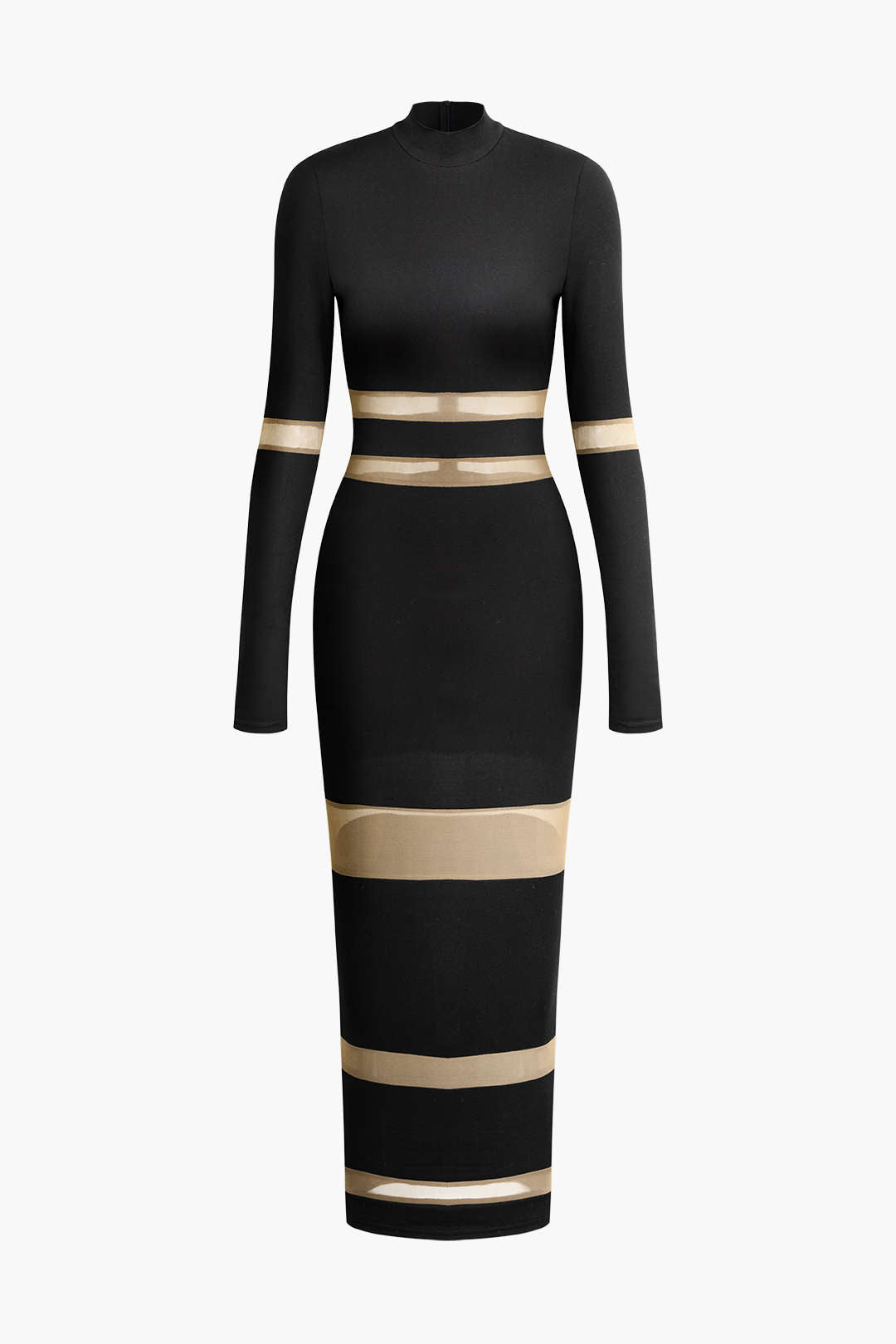 Mesh Patchwork Mock Neck Long Sleeve Maxi Dress