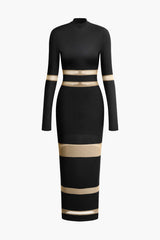 Mesh Patchwork Mock Neck Long Sleeve Maxi Dress