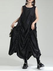 Asymmetric Elasticity Pleated Solid Color Loose Sleeveless Round-Neck Midi Dresses