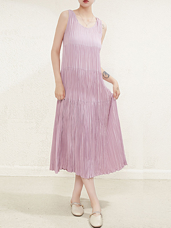 Pleated Solid Color Split-Joint Loose Sleeveless Round-Neck Midi Dresses