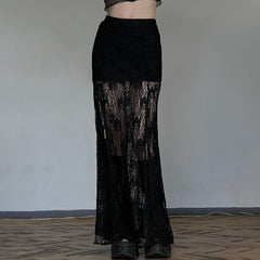 Side Slit Lace Skirts For Women 2024 Summer New See Through High Waist Skirt Ladies Black Casual Loose Sexy Skirts Woman