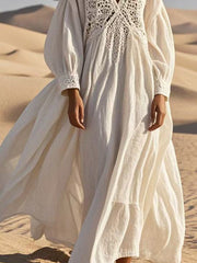 Solid Color Flower Hollow Loose Long Sleeves Bohemia Maxi Dresses