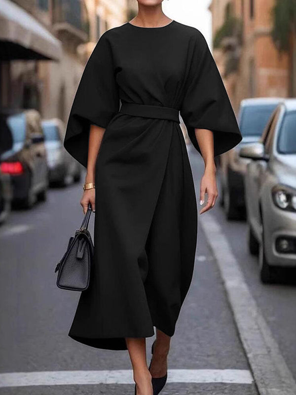 Pleated Solid Color Split-Joint Loose Puff Sleeves Round-neck Midi Dresses