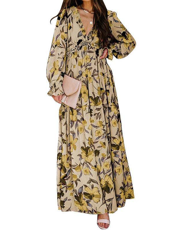 Flower Print Pleated Ruffled High Waisted Long Sleeves V-Neck Maxi Dresses