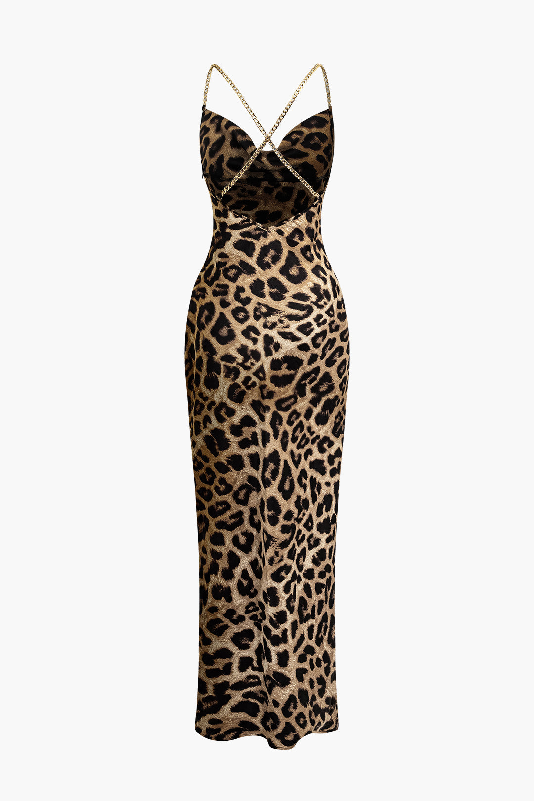 Maxikleid mit Leopardenmuster, gekreuzten Ketten, Wasserfallausschnitt und Schlitz 