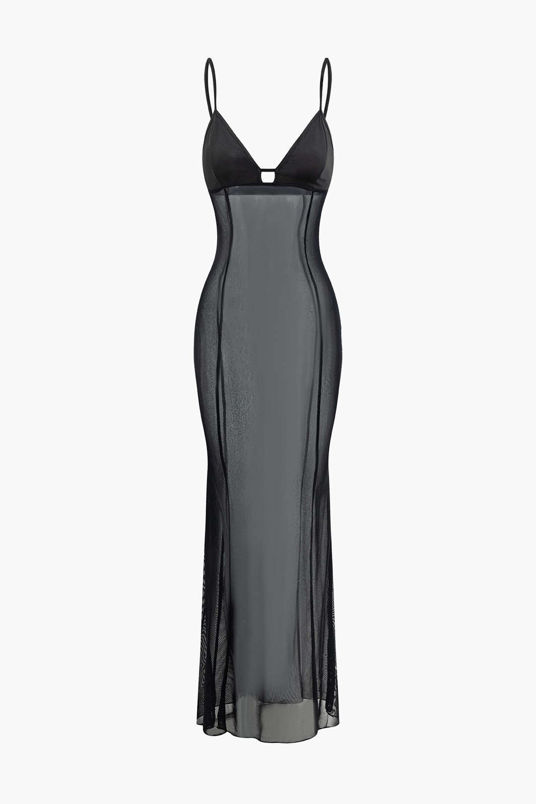 Maxikleid mit V-Ausschnitt und transparentem Netzstoff 