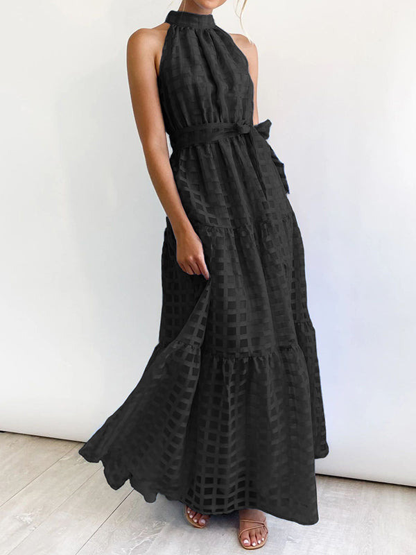 Plaid Ribbed Loose Sleeveless Stand Collar Maxi Dresses