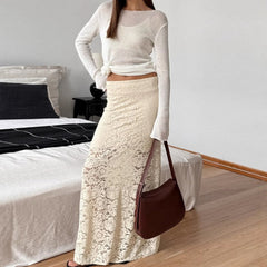 Elegant Lace See-through Long Skirt Women's Sexy Patchwork Skirt Solid Casual Loose High Waist Slim Retro Long Skirt Y2k