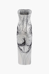 Line Print Strapless Midi Dress