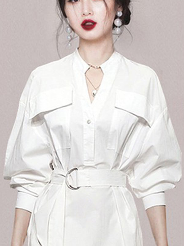 See-Through Split-Joint Split-Side Tied Waist Long Sleeves Loose V-Neck Shirt Dress Midi Dresses
