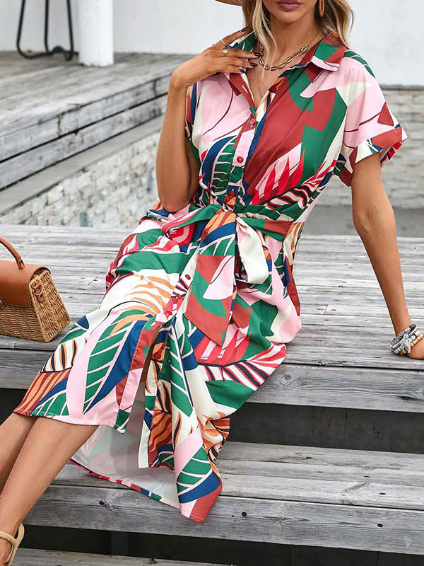 Raglan Sleeve Short Sleeves Buttoned Pleated Printed Tied Waist Lapel Midi Dresses Shirt Dress