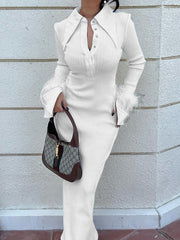 Skinny Feathers Slightly Sheer Split-Joint Lapel Maxi Dresses