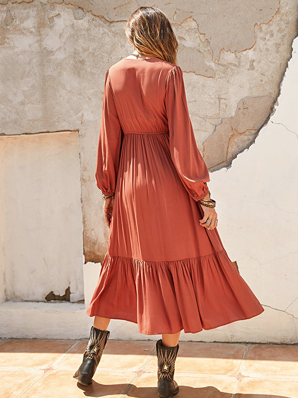 Vacation Puff Sleeves A-Line Solid Color Deep V-Neck Midi Dresses