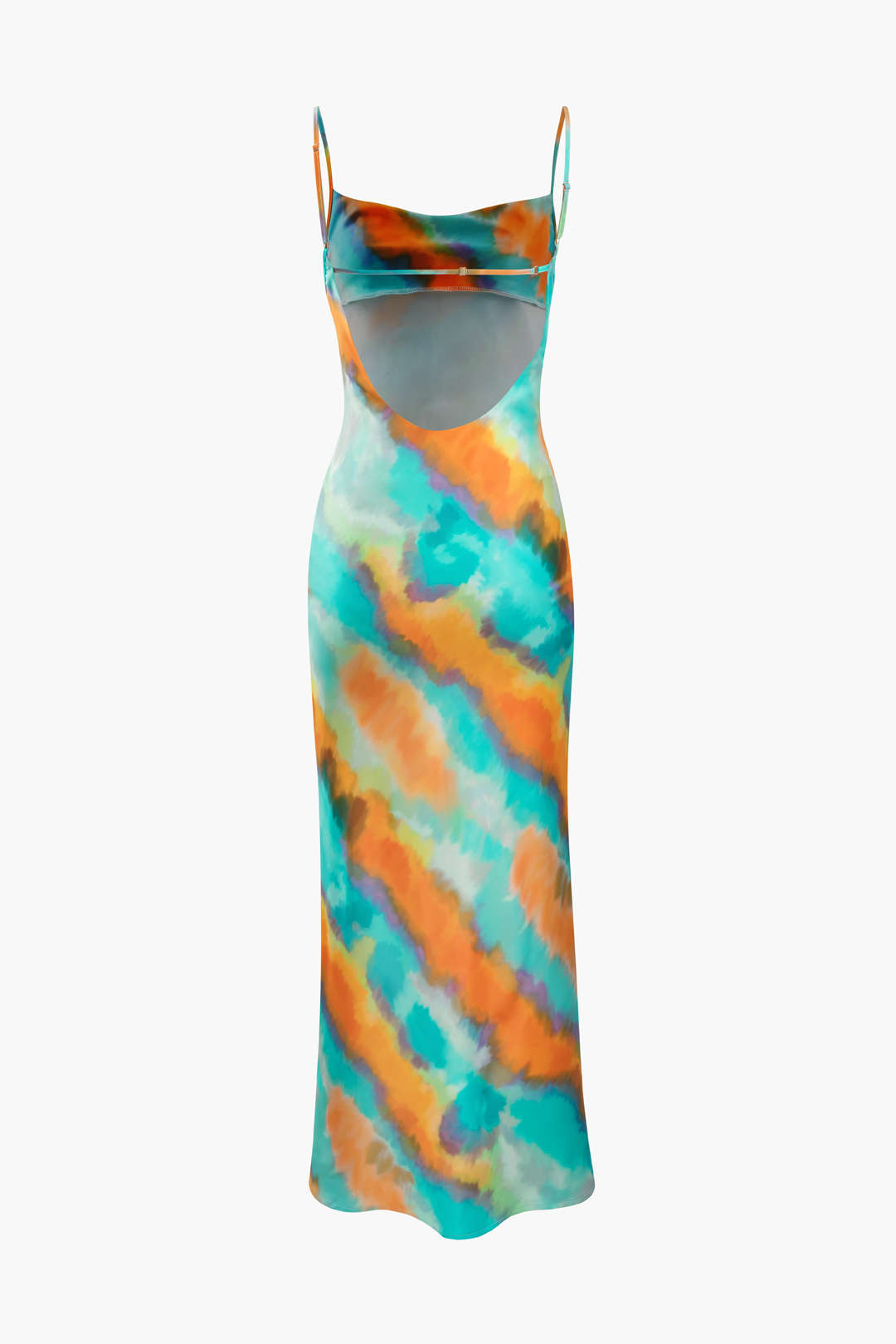 Abstract Print Satin Backless Maxi Dress