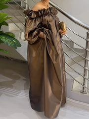 Loose Puff Sleeves Falbala Pleated Solid Color Off-The-Shoulder Maxi Dresses