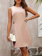 A-Line High Waisted Buttoned Hollow Solid Color Zipper Round-Neck Mini Dresses