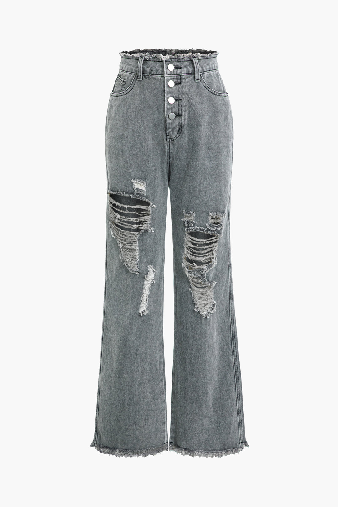 Frayed Trim Ripped High Waist Straight Leg Jeans