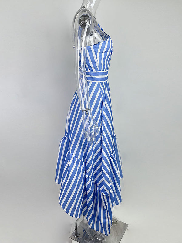 Asymmetric Hollow Pleated Pockets Split-Joint Striped Zipper High Waisted Loose One-Shoulder Midi Dresses