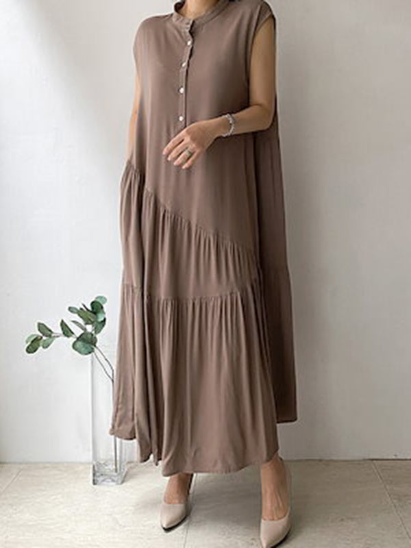 Buttoned Pleated Ruffled Solid Color Split-Joint Tiered A-Line Loose Stand Collar Midi Dresses