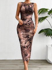 Pleated Printed Split-Side Bodycon Sleeveless Round-Neck Midi Dresses
