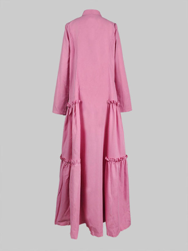 Buttoned Layered Pleated Pockets Ruffled Solid Color Split-Joint A-line Long Sleeves Stand Collar Maxi Dresses