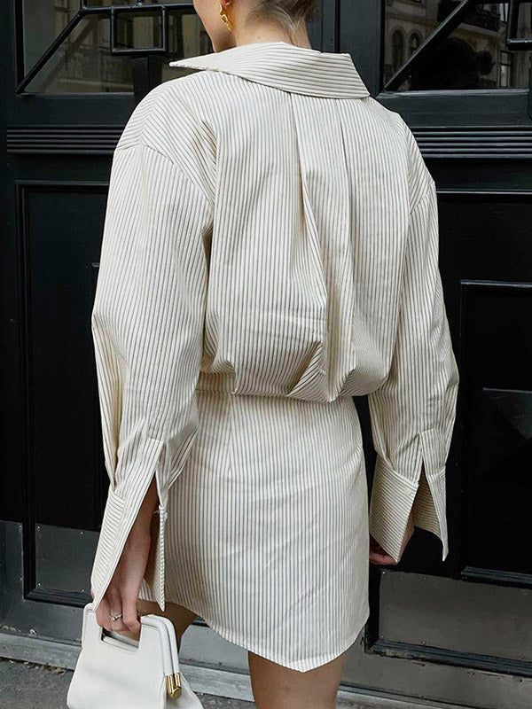 Flared Sleeves Long Sleeves Buttoned Striped Lapel Mini Dresses Shirt Dress