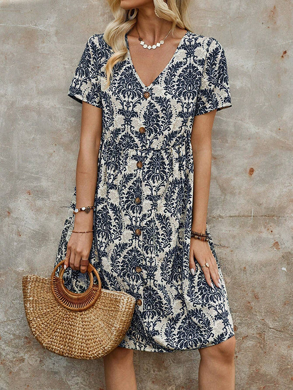 A-Line High Waisted Buttoned Pleated Printed Split-Joint V-Neck Mini Dresses