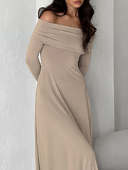 High Waisted Long Sleeves Solid Color Off-The-Shoulder Maxi Dresses