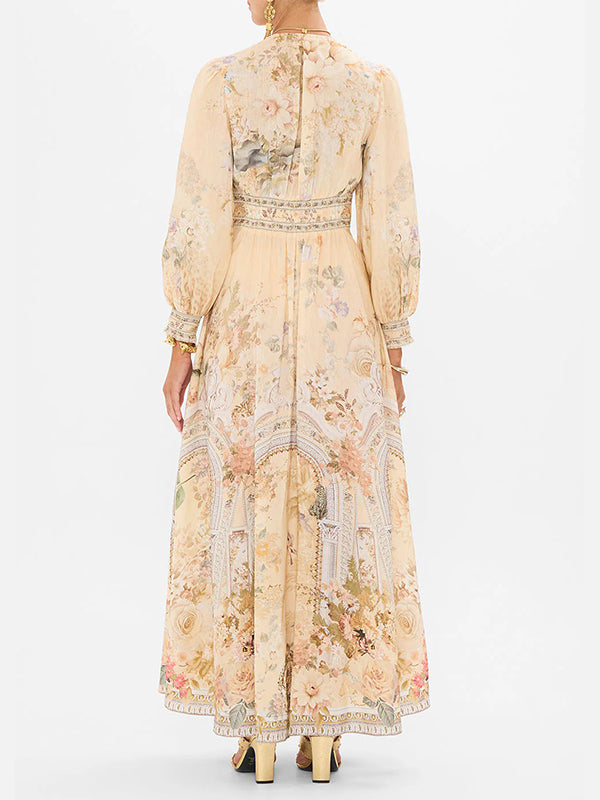 Floral Printed Long Sleeves Ruffled Elegant Maxi Dresses