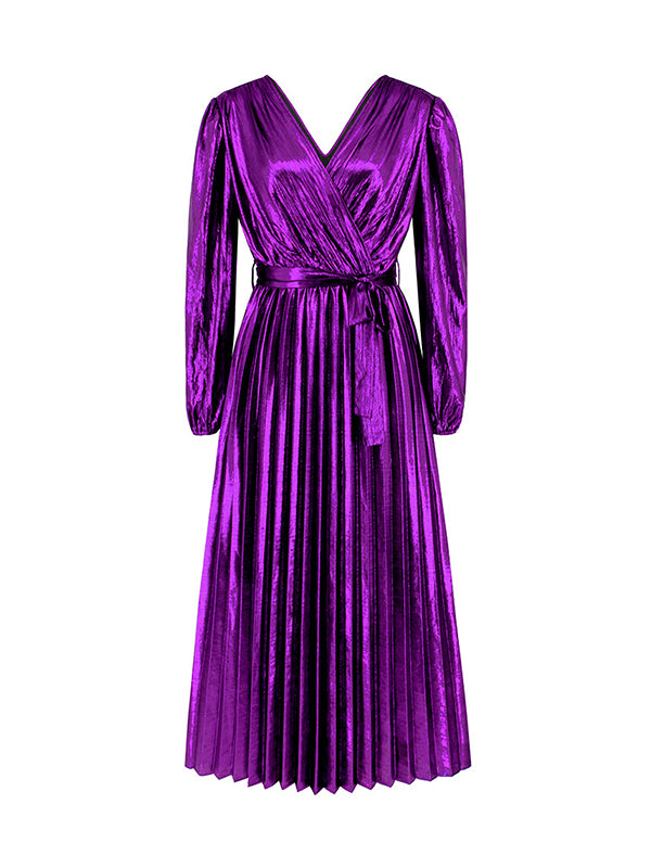 High Waisted Long Sleeves Bronzing Elasticity Pleated Solid Color Tied Waist Deep V-Neck Maxi Dresses