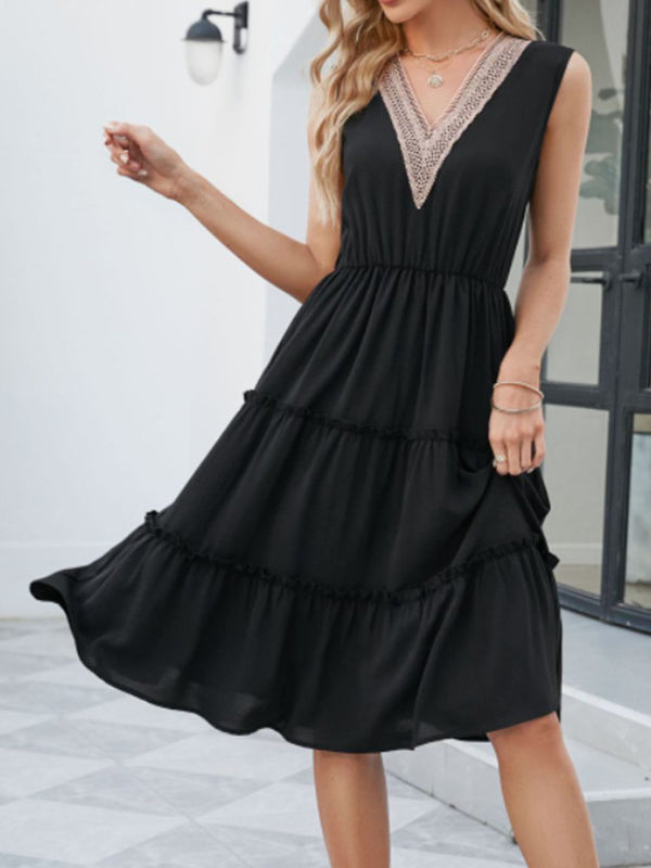 A-Line High Waisted Elasticity Pleated Split-Joint V-Neck Midi Dresses
