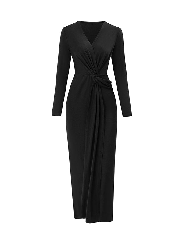 Bodycon Long Sleeves Bowknot Solid Color V-neck Maxi Dresses
