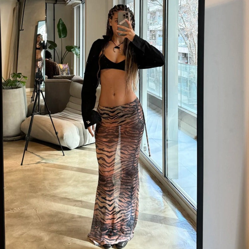 Leopard Mesh Skirt Women's Sexy See-through Mesh Skirt Fashion Printed Patchwork Slim Party Retro Long Skirt Streetwear