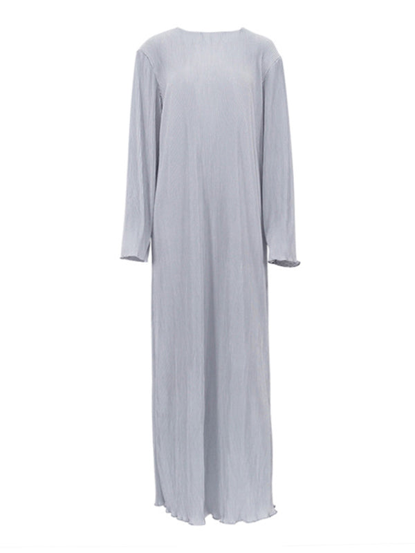 Long Sleeves Loose Pleated Solid Color Round-Neck Maxi Dresses