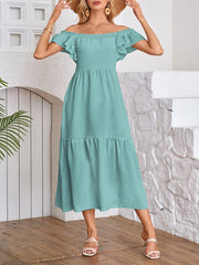 A-Line Loose Elasticity Pleated Ruffled Solid Color Split-Joint Off-The-Shoulder Midi Dresses