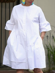 Loose Three-Quarter Sleeves Asymmetric Buttoned Pleated Pockets Solid Color Split-Joint Round-Neck Midi Dresses