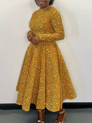 A-Line High Waisted Sequined Split-Joint Zipper Round-Neck Maxi Dresses