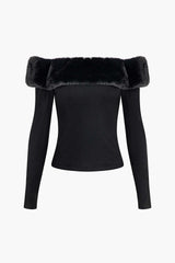 Faux Fur Trim Off The Shoulder Long Sleeve Top