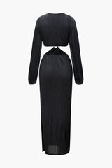 Plisse Deep V-neck Cut Out Ring Long Sleeve Midi Dress