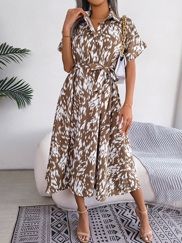Loose Short Sleeves Leopard Ribbed Lapel Midi Dresses