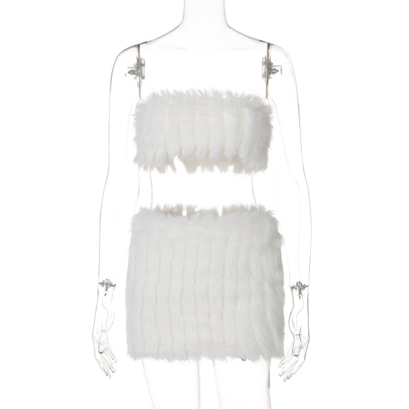 Splice Feather Rock 2 Stück Sets Damen Outfits Sexy Off Shoulder Strapless Tube Tops 2024 Neue warme Röcke Sets Damen Weihnachtsgeschenke 