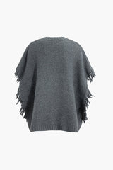 Fringe Trim Cable Knit Cloak Top